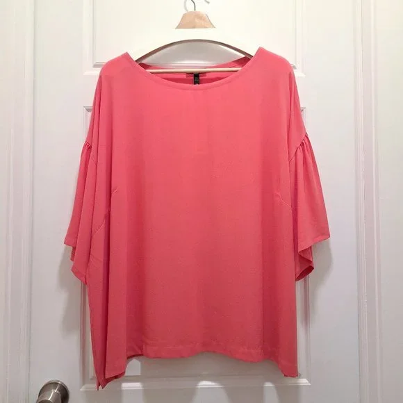 Eileen Fisher Flutter Sleeve Silk Georgette Boxy Top Pink Size 2X - Picture 3 of 10